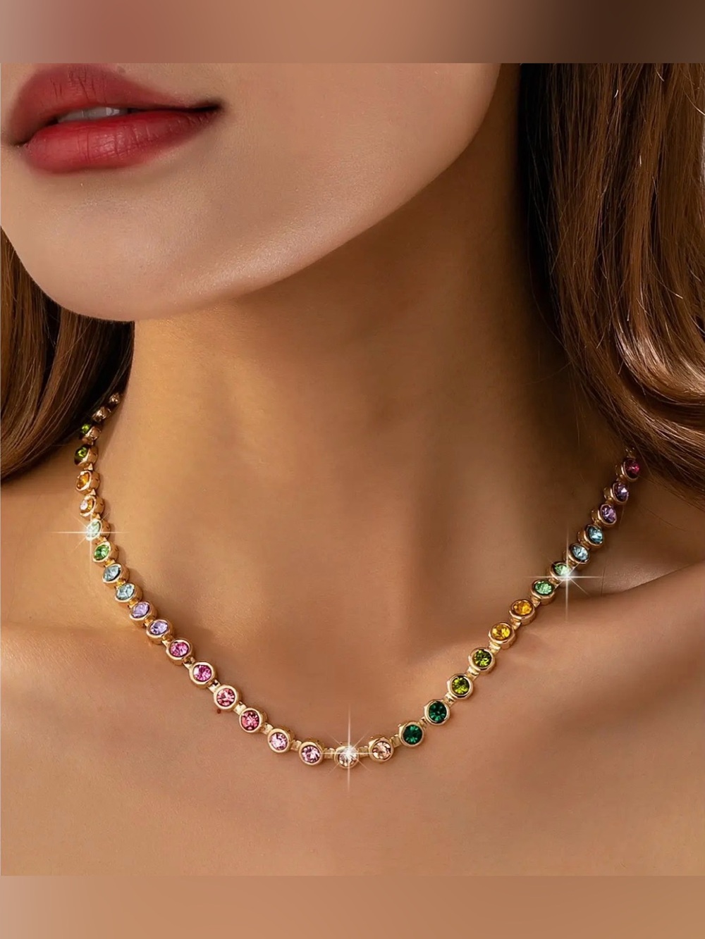 Gold Plated Multicolor Crystal Tennis Necklace
